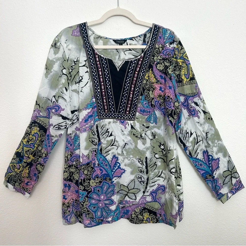 J. Peterman Embroidered Beaded Blouse Top Tunic Boho Festival Resort Size Medium - Picture 2 of 15